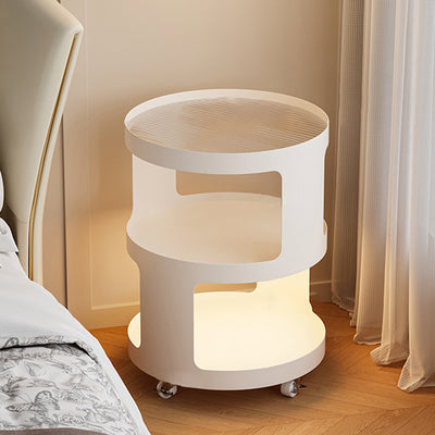 Moderner minimalistischer runder und quadratischer Beistelltisch aus Eisen und gestreiftem Glas mit 3 Ebenen für Wohnzimmer und Schlafzimmer 