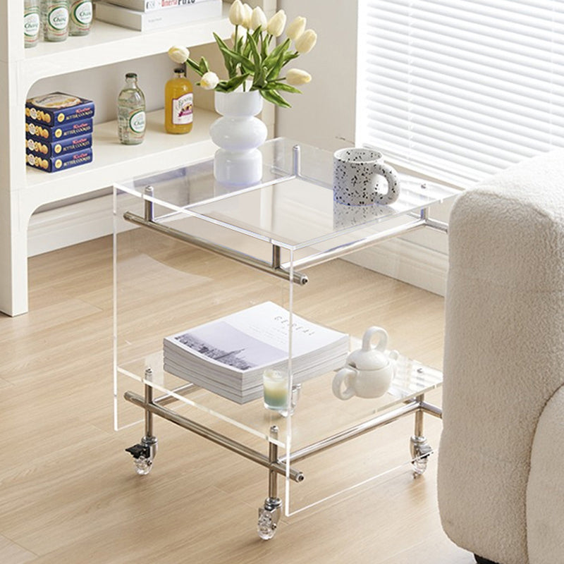 Zeitgenössischer nordischer Acryl- und Edelstahl-Vierkant-Beistelltisch mit 2 Ebenen für Wohnzimmer und Schlafzimmer 