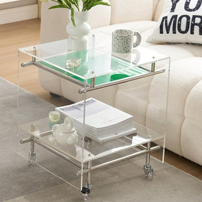 Zeitgenössischer nordischer Acryl- und Edelstahl-Vierkant-Beistelltisch mit 2 Ebenen für Wohnzimmer und Schlafzimmer 