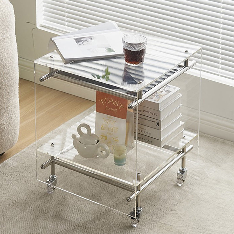 Zeitgenössischer nordischer Acryl- und Edelstahl-Vierkant-Beistelltisch mit 2 Ebenen für Wohnzimmer und Schlafzimmer 