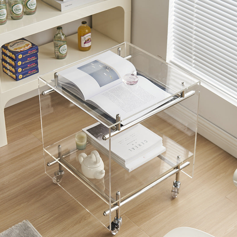 Zeitgenössischer nordischer Acryl- und Edelstahl-Vierkant-Beistelltisch mit 2 Ebenen für Wohnzimmer und Schlafzimmer 