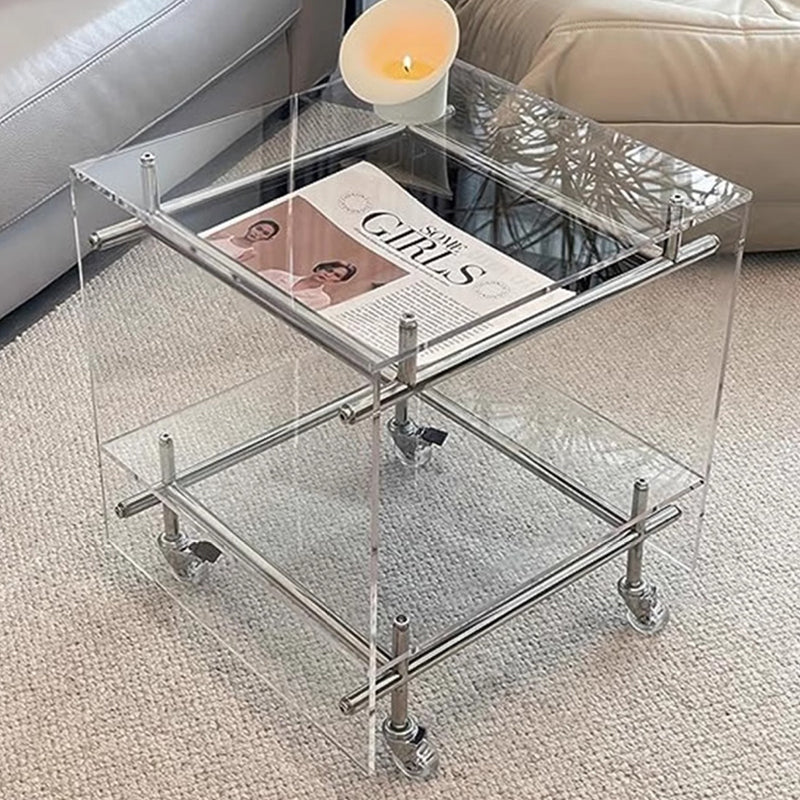 Zeitgenössischer nordischer Acryl- und Edelstahl-Vierkant-Beistelltisch mit 2 Ebenen für Wohnzimmer und Schlafzimmer 