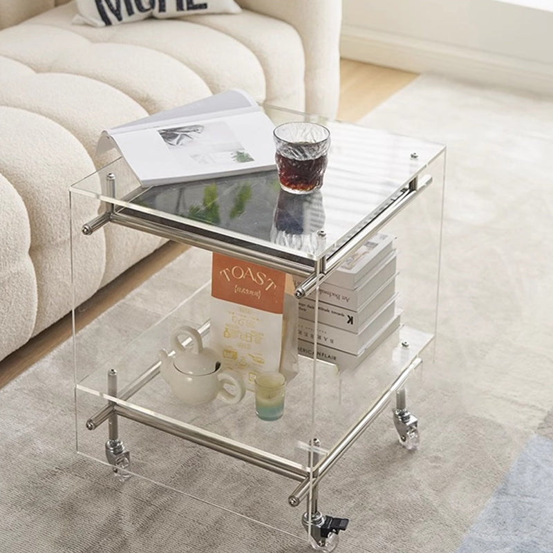 Zeitgenössischer nordischer Acryl- und Edelstahl-Vierkant-Beistelltisch mit 2 Ebenen für Wohnzimmer und Schlafzimmer 