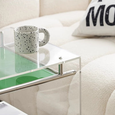 Zeitgenössischer nordischer Acryl- und Edelstahl-Vierkant-Beistelltisch mit 2 Ebenen für Wohnzimmer und Schlafzimmer 