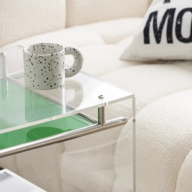 Zeitgenössischer nordischer Acryl- und Edelstahl-Vierkant-Beistelltisch mit 2 Ebenen für Wohnzimmer und Schlafzimmer 