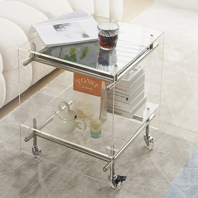 Zeitgenössischer nordischer Acryl- und Edelstahl-Vierkant-Beistelltisch mit 2 Ebenen für Wohnzimmer und Schlafzimmer 