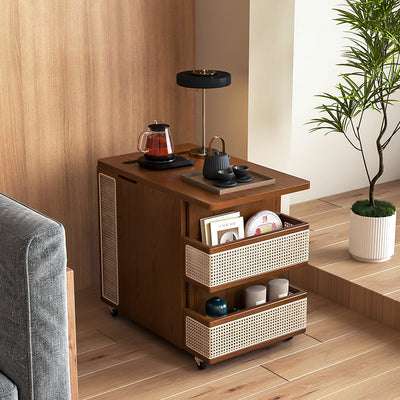 Zeitgenössischer Retro Rattan Kiefer Rot Eiche & Kirschholz Rechteckiger Bus Beweglicher Beistelltisch mit 4 Regalen & 2 Schränken für Wohnzimmer und Schlafzimmer 