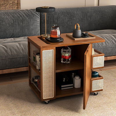 Zeitgenössischer Retro Rattan Kiefer Rot Eiche & Kirschholz Rechteckiger Bus Beweglicher Beistelltisch mit 4 Regalen & 2 Schränken für Wohnzimmer und Schlafzimmer 