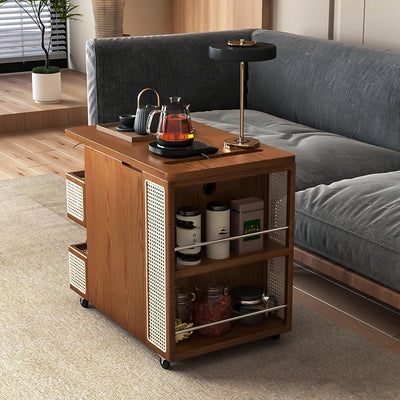 Zeitgenössischer Retro Rattan Kiefer Rot Eiche & Kirschholz Rechteckiger Bus Beweglicher Beistelltisch mit 4 Regalen & 2 Schränken für Wohnzimmer und Schlafzimmer 