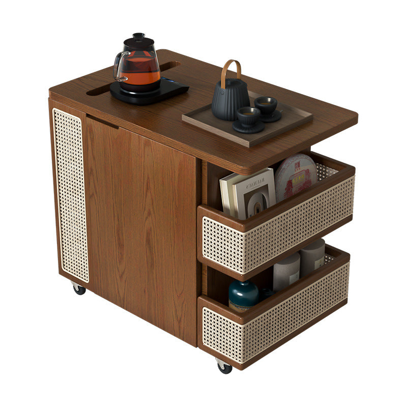 Zeitgenössischer Retro Rattan Kiefer Rot Eiche & Kirschholz Rechteckiger Bus Beweglicher Beistelltisch mit 4 Regalen & 2 Schränken für Wohnzimmer und Schlafzimmer 
