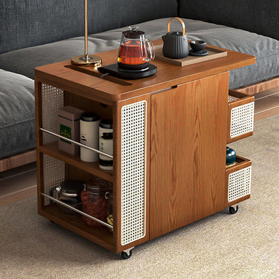 Zeitgenössischer Retro Rattan Kiefer Rot Eiche & Kirschholz Rechteckiger Bus Beweglicher Beistelltisch mit 4 Regalen & 2 Schränken für Wohnzimmer und Schlafzimmer 