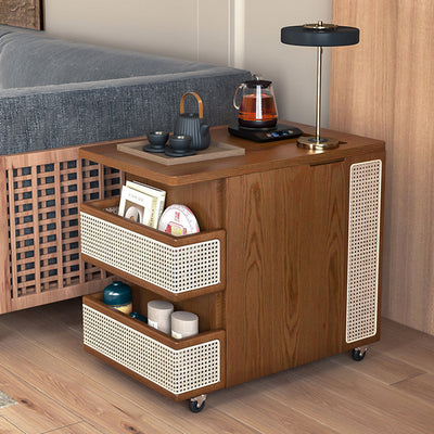 Zeitgenössischer Retro Rattan Kiefer Rot Eiche & Kirschholz Rechteckiger Bus Beweglicher Beistelltisch mit 4 Regalen & 2 Schränken für Wohnzimmer und Schlafzimmer 