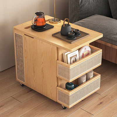 Zeitgenössischer Retro Rattan Kiefer Rot Eiche & Kirschholz Rechteckiger Bus Beweglicher Beistelltisch mit 4 Regalen & 2 Schränken für Wohnzimmer und Schlafzimmer 