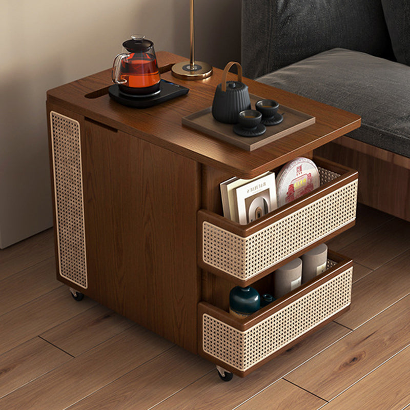 Zeitgenössischer Retro Rattan Kiefer Rot Eiche & Kirschholz Rechteckiger Bus Beweglicher Beistelltisch mit 4 Regalen & 2 Schränken für Wohnzimmer und Schlafzimmer 