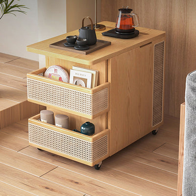 Zeitgenössischer Retro Rattan Kiefer Rot Eiche & Kirschholz Rechteckiger Bus Beweglicher Beistelltisch mit 4 Regalen & 2 Schränken für Wohnzimmer und Schlafzimmer 
