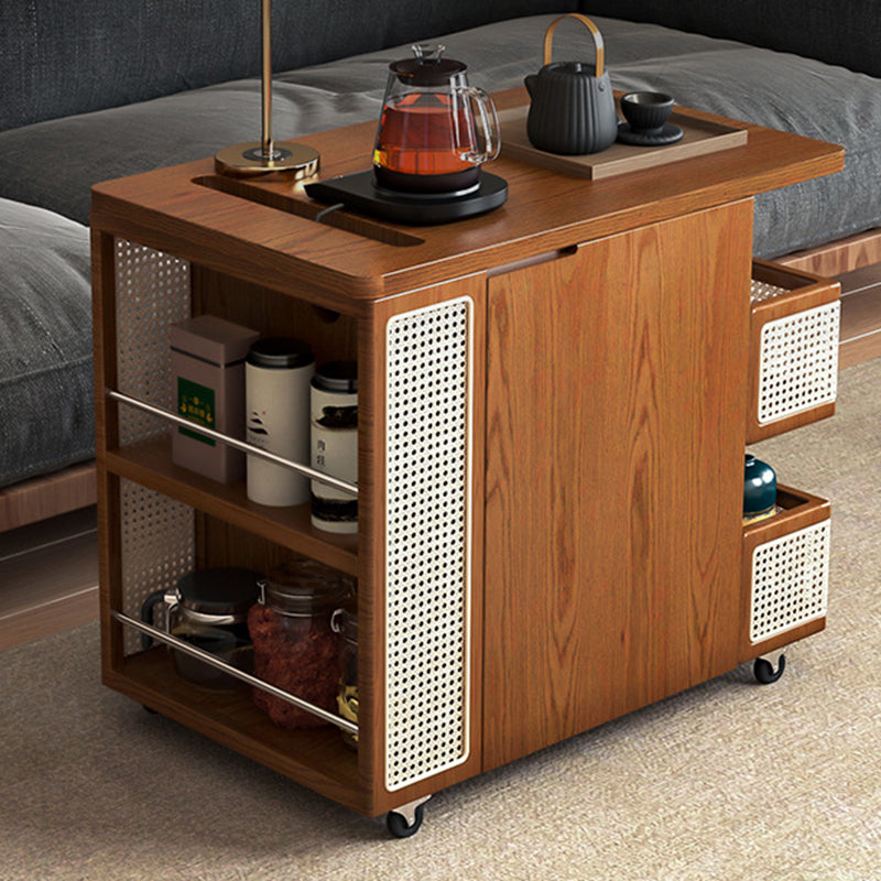 Contemporary Retro Rattan Pine Red Oak &amp; Cherry Wood Rectangular Bus Movable Side Table With 4 Shelves &amp; 2 Cabinets For Living Room And Bedroom