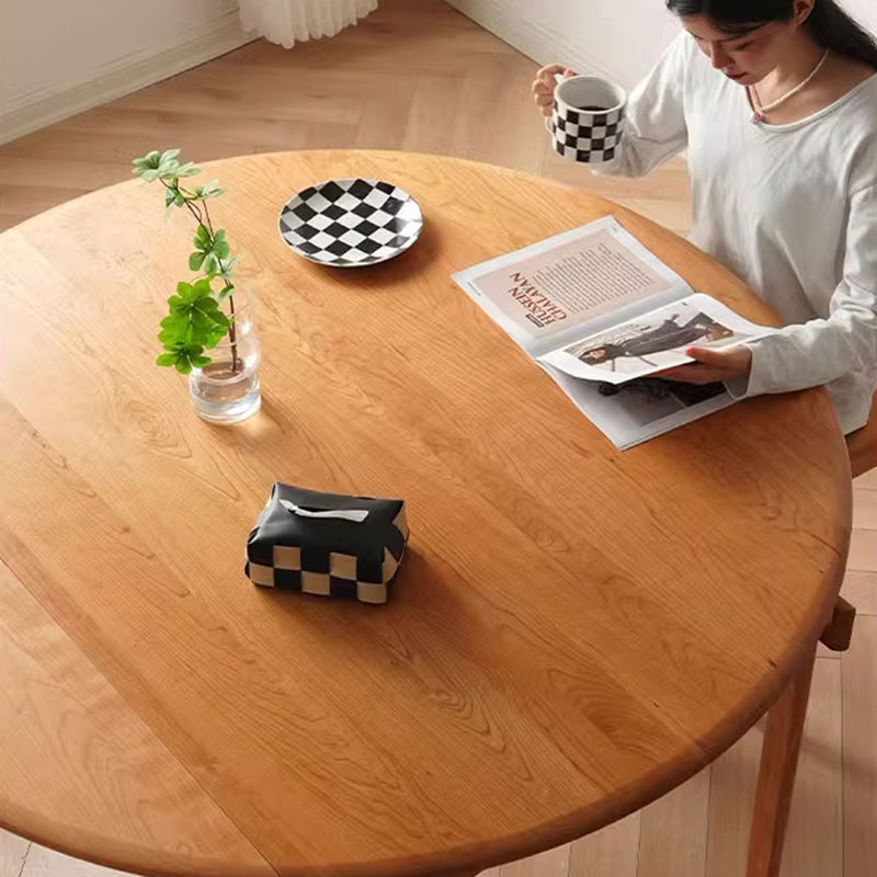 Contemporary Nordic Cherry Wood Round Extendable Dining Table With Foldable Design For 4/6/8 Seats