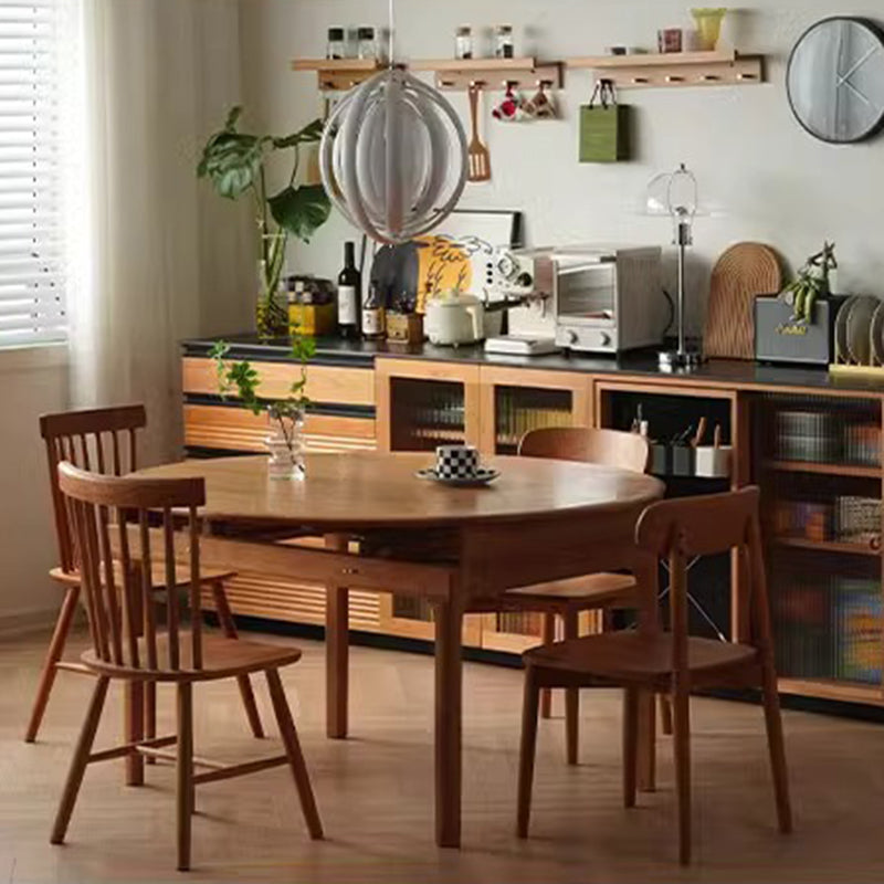 Contemporary Nordic Cherry Wood Round Extendable Dining Table With Foldable Design For 4/6/8 Seats