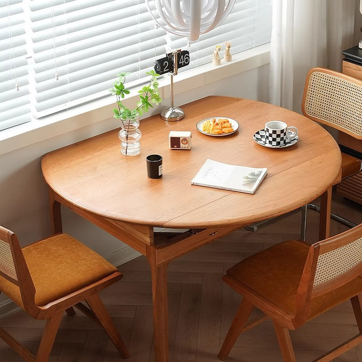 Contemporary Nordic Cherry Wood Round Extendable Dining Table With Foldable Design For 4/6/8 Seats