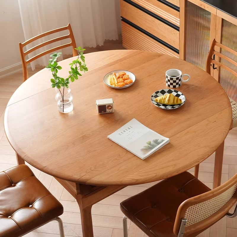 Contemporary Nordic Cherry Wood Round Extendable Dining Table With Foldable Design For 4/6/8 Seats