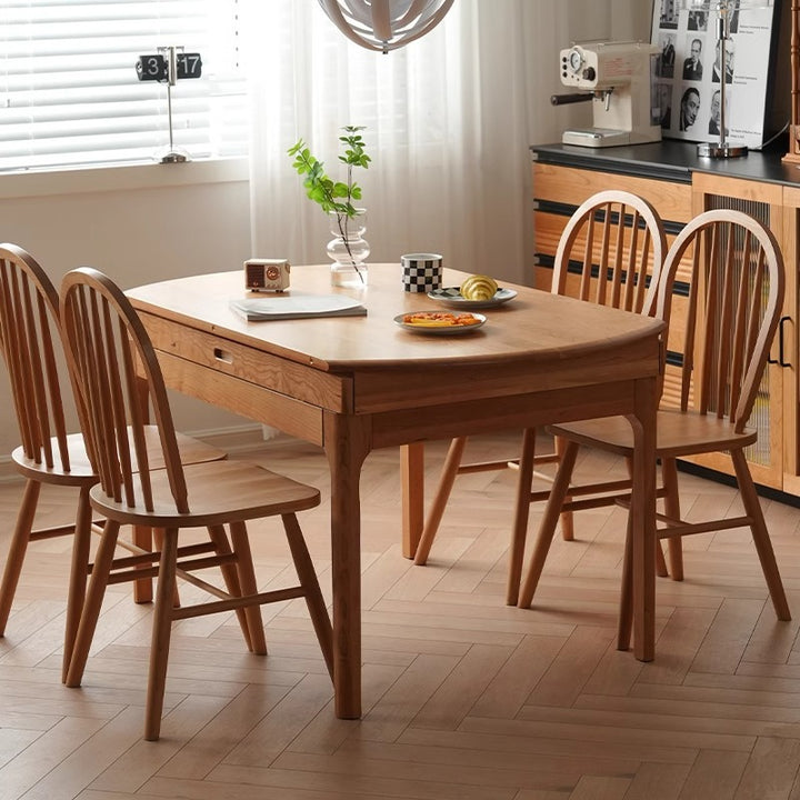 Contemporary Nordic Cherry Wood Round Extendable Dining Table With Foldable Design For 4/6/8 Seats