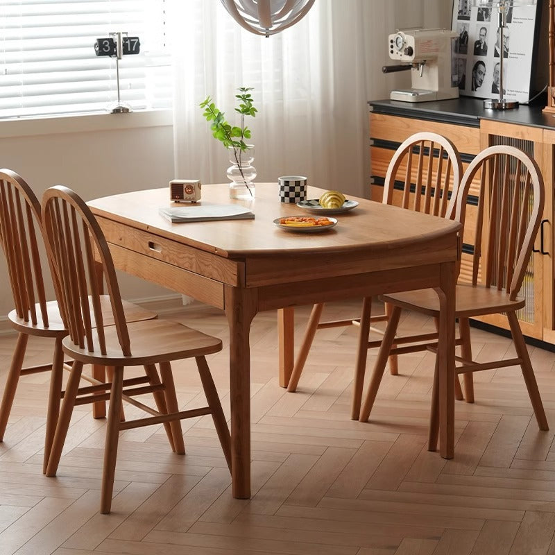 Table à manger ronde extensible en bois de cerisier nordique contemporain avec design pliable pour 4/6/8 places 