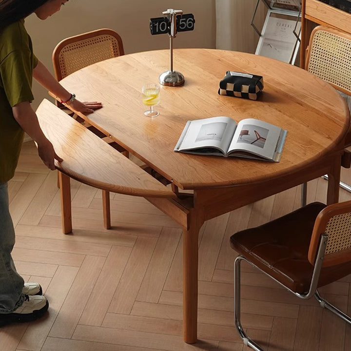 Contemporary Nordic Cherry Wood Round Extendable Dining Table With Foldable Design For 4/6/8 Seats