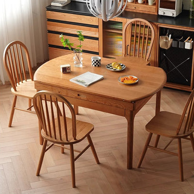 Table à manger ronde extensible en bois de cerisier nordique contemporain avec design pliable pour 4/6/8 places 