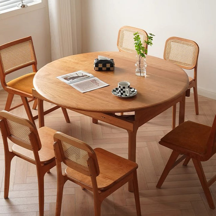 Contemporary Nordic Cherry Wood Round Extendable Dining Table With Foldable Design For 4/6/8 Seats