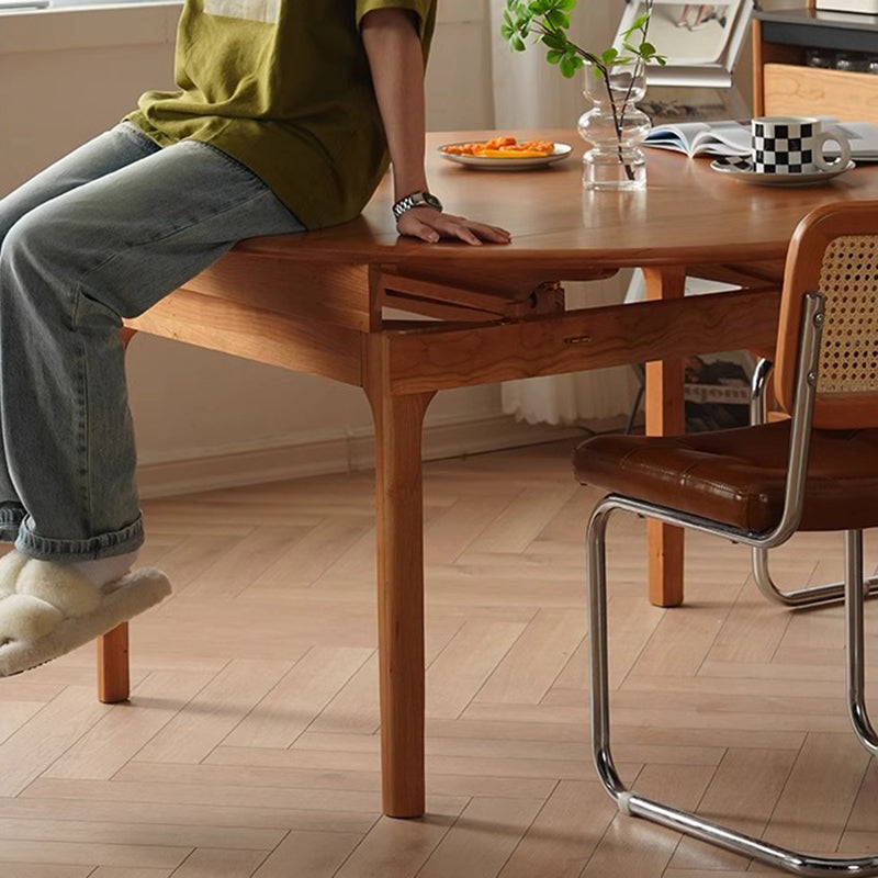 Contemporary Nordic Cherry Wood Round Extendable Dining Table With Foldable Design For 4/6/8 Seats