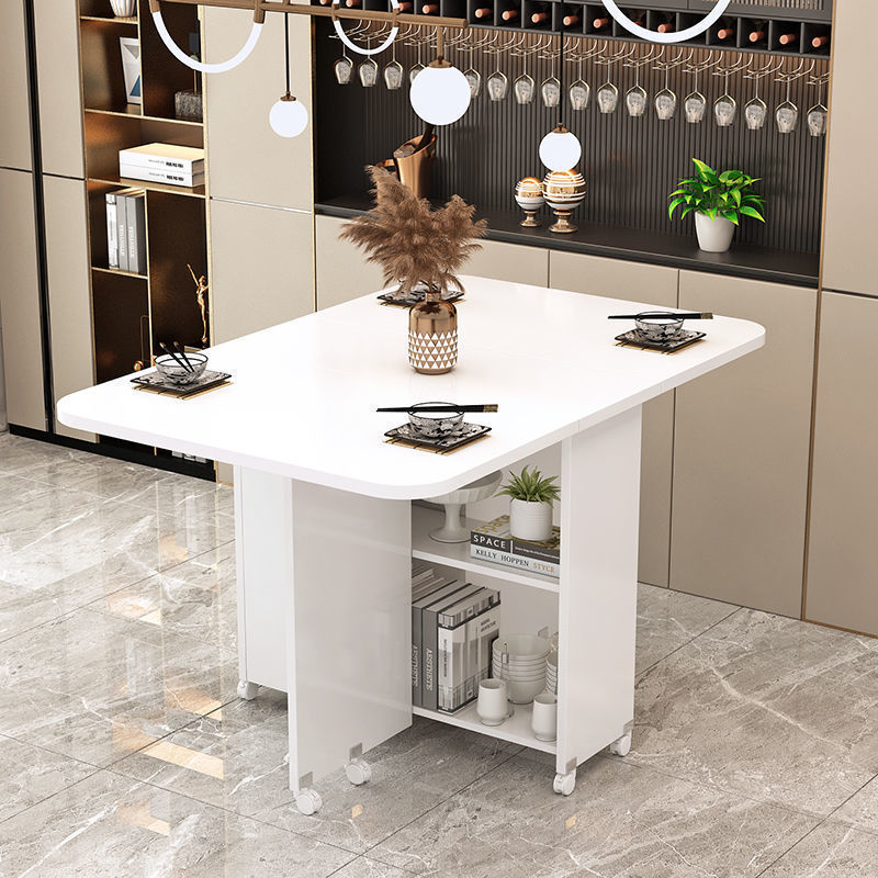 Modern Minimalist MDF Square &amp; Rectangular Folding Extendable Dining Table With Storage Cabinets For 6 Seats