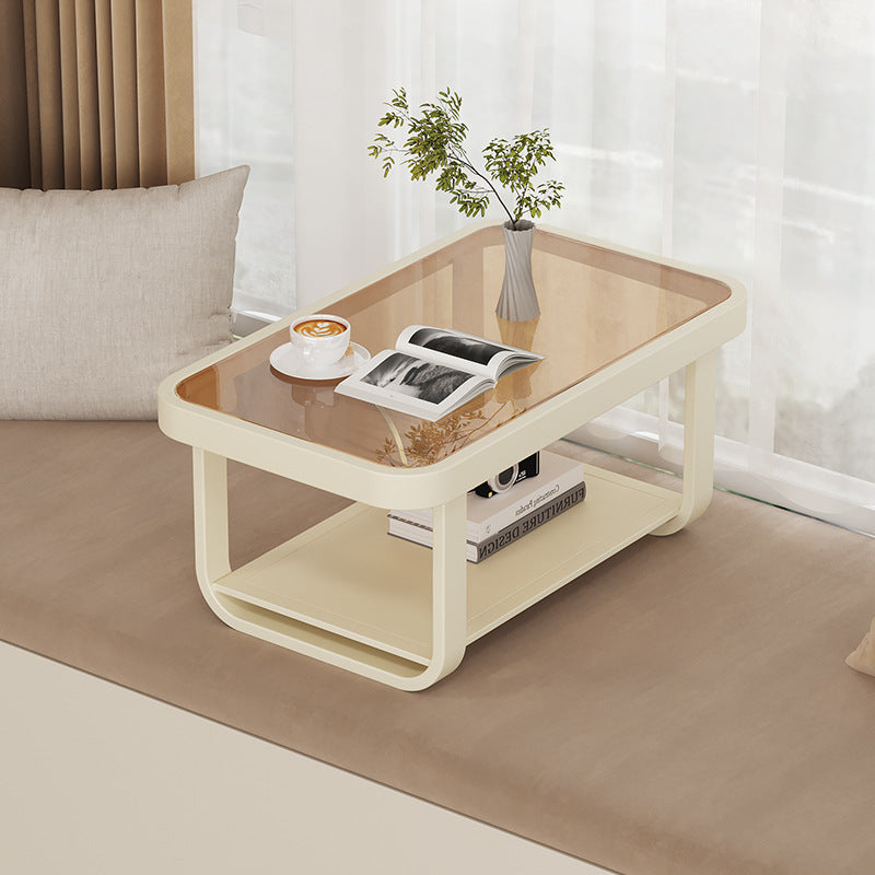 Moderner minimalistischer niedriger rechteckiger Couchtisch aus Glas und Karbonstahl mit 2-stufigem Design für das Wohnzimmer 