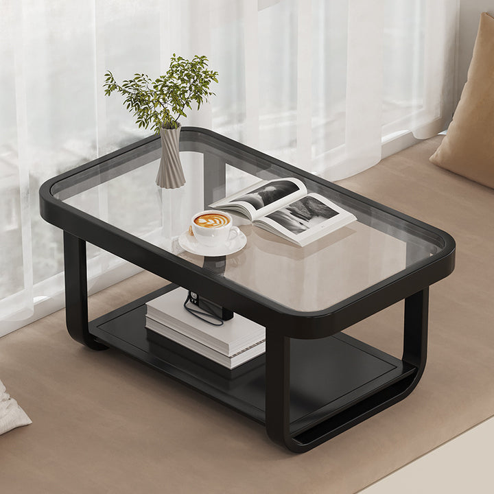 Moderner minimalistischer niedriger rechteckiger Couchtisch aus Glas und Karbonstahl mit 2-stufigem Design für das Wohnzimmer 