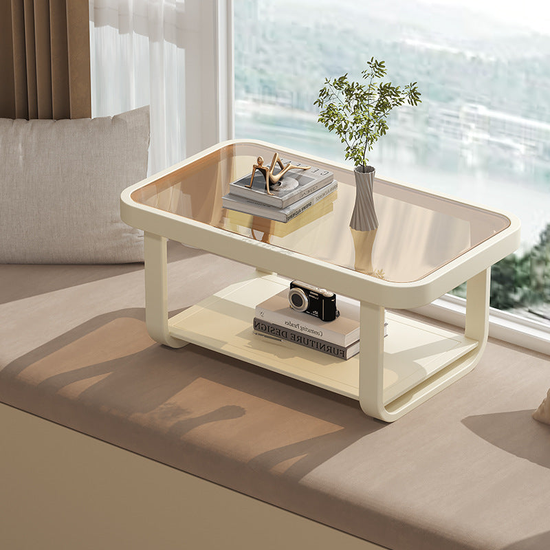 Moderner minimalistischer niedriger rechteckiger Couchtisch aus Glas und Karbonstahl mit 2-stufigem Design für das Wohnzimmer 
