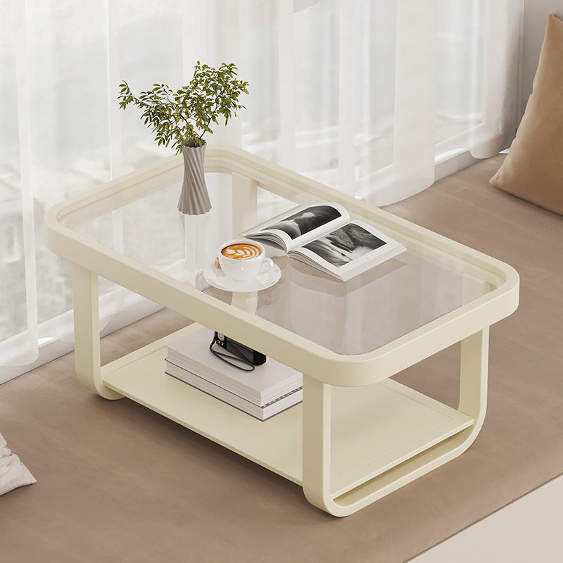 Moderner minimalistischer niedriger rechteckiger Couchtisch aus Glas und Karbonstahl mit 2-stufigem Design für das Wohnzimmer 