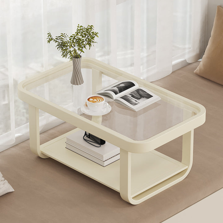 Moderner minimalistischer niedriger rechteckiger Couchtisch aus Glas und Karbonstahl mit 2-stufigem Design für das Wohnzimmer 