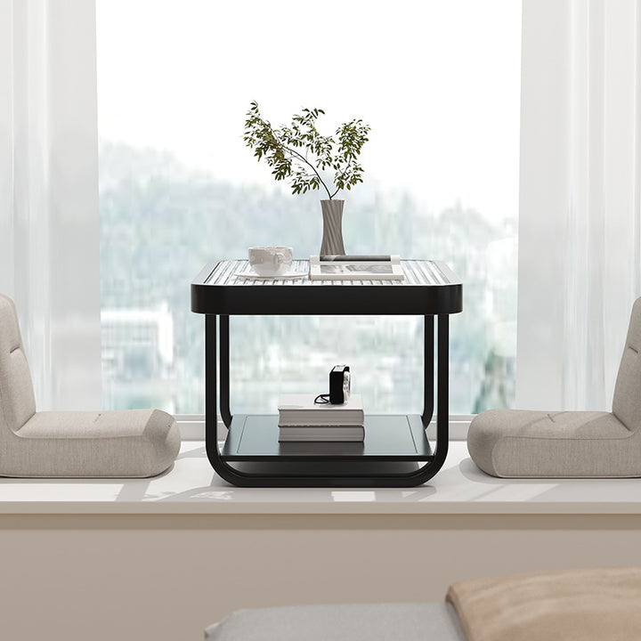 Moderner minimalistischer niedriger rechteckiger Couchtisch aus Glas und Karbonstahl mit 2-stufigem Design für das Wohnzimmer 