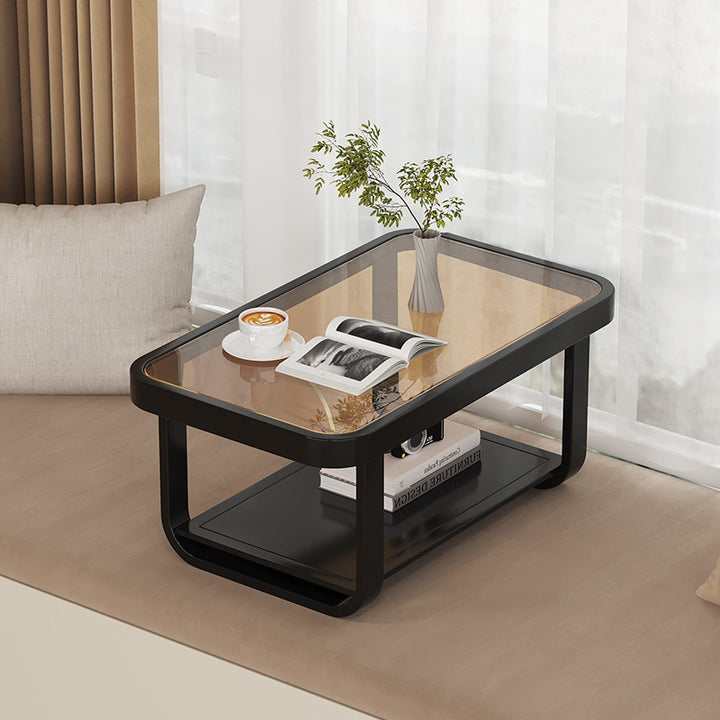 Moderner minimalistischer niedriger rechteckiger Couchtisch aus Glas und Karbonstahl mit 2-stufigem Design für das Wohnzimmer 