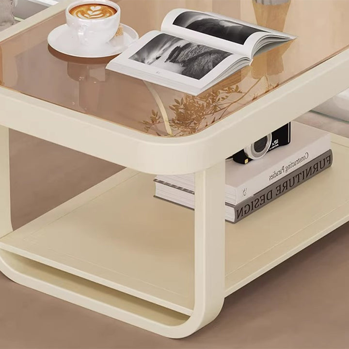 Moderner minimalistischer niedriger rechteckiger Couchtisch aus Glas und Karbonstahl mit 2-stufigem Design für das Wohnzimmer 