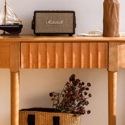 Contemporary Scandinavian Cherry Wood Semi-Circular Wavy Drawer Console Table With 2-Tier Storage For Entryway