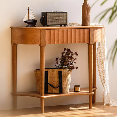Contemporary Scandinavian Cherry Wood Semi-Circular Wavy Drawer Console Table With 2-Tier Storage For Entryway