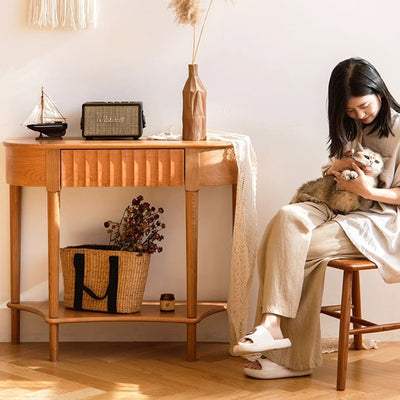 Contemporary Scandinavian Cherry Wood Semi-Circular Wavy Drawer Console Table With 2-Tier Storage For Entryway
