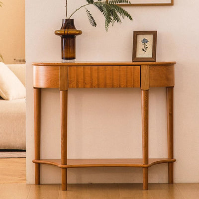 Contemporary Scandinavian Cherry Wood Semi-Circular Wavy Drawer Console Table With 2-Tier Storage For Entryway