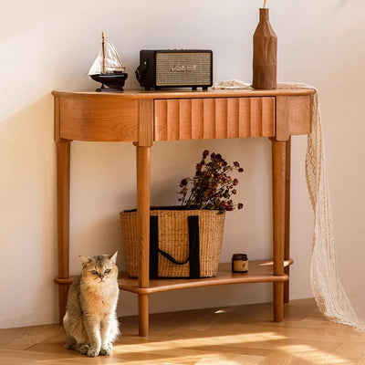 Contemporary Scandinavian Cherry Wood Semi-Circular Wavy Drawer Console Table With 2-Tier Storage For Entryway