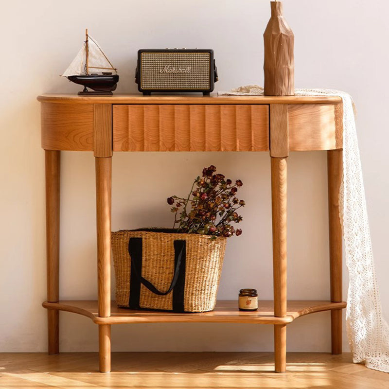 Contemporary Scandinavian Cherry Wood Semi-Circular Wavy Drawer Console Table With 2-Tier Storage For Entryway