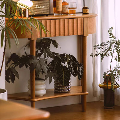 Contemporary Scandinavian Cherry Wood Semi-Circular Wavy Drawer Console Table With 2-Tier Storage For Entryway