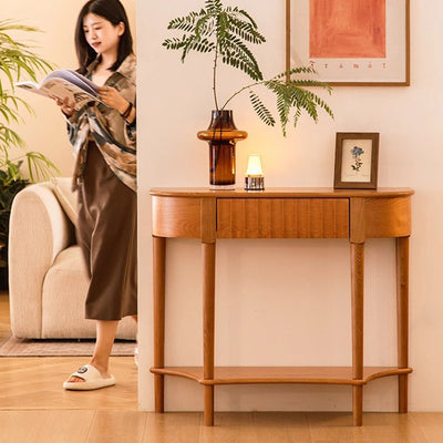 Contemporary Scandinavian Cherry Wood Semi-Circular Wavy Drawer Console Table With 2-Tier Storage For Entryway