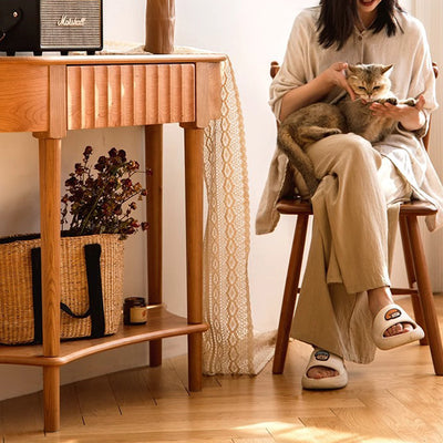 Contemporary Scandinavian Cherry Wood Semi-Circular Wavy Drawer Console Table With 2-Tier Storage For Entryway