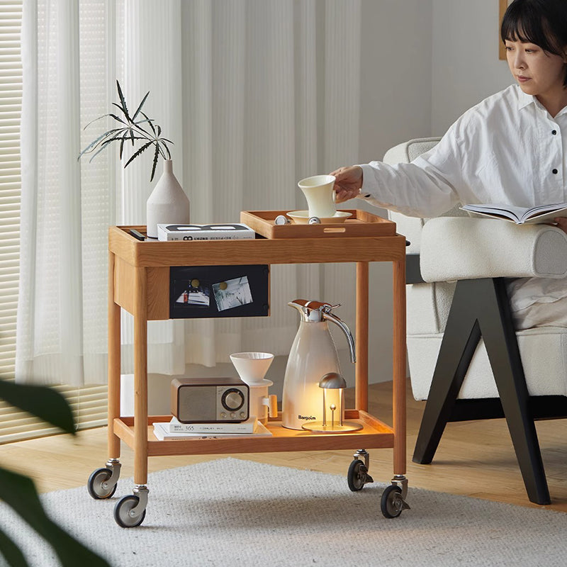 Contemporary Nordic Cherry Wood Oak Plywood Glass Rectangular Cart Movable End Table With 2-Tier Storage For Living Room And Bedroom