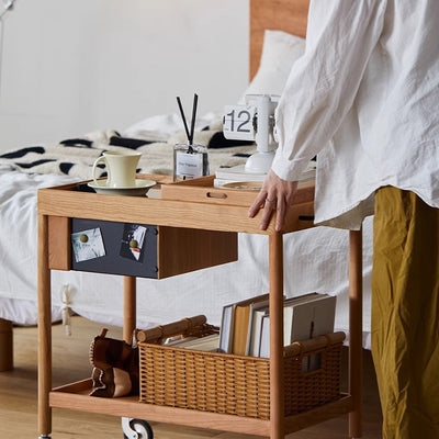 Zeitgenössischer nordischer Kirschholz-Eichen-Glas-Rechteckwagen Beistelltisch mit 2-stufigem Stauraum für Wohnzimmer und Schlafzimmer 
